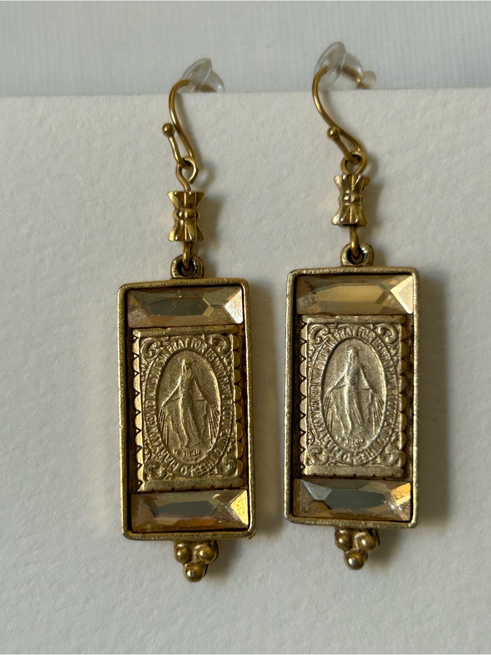 Virgin Saints &Angels GoldTone Miraculous Medal Rectangle Drop Earrings EUC RARE